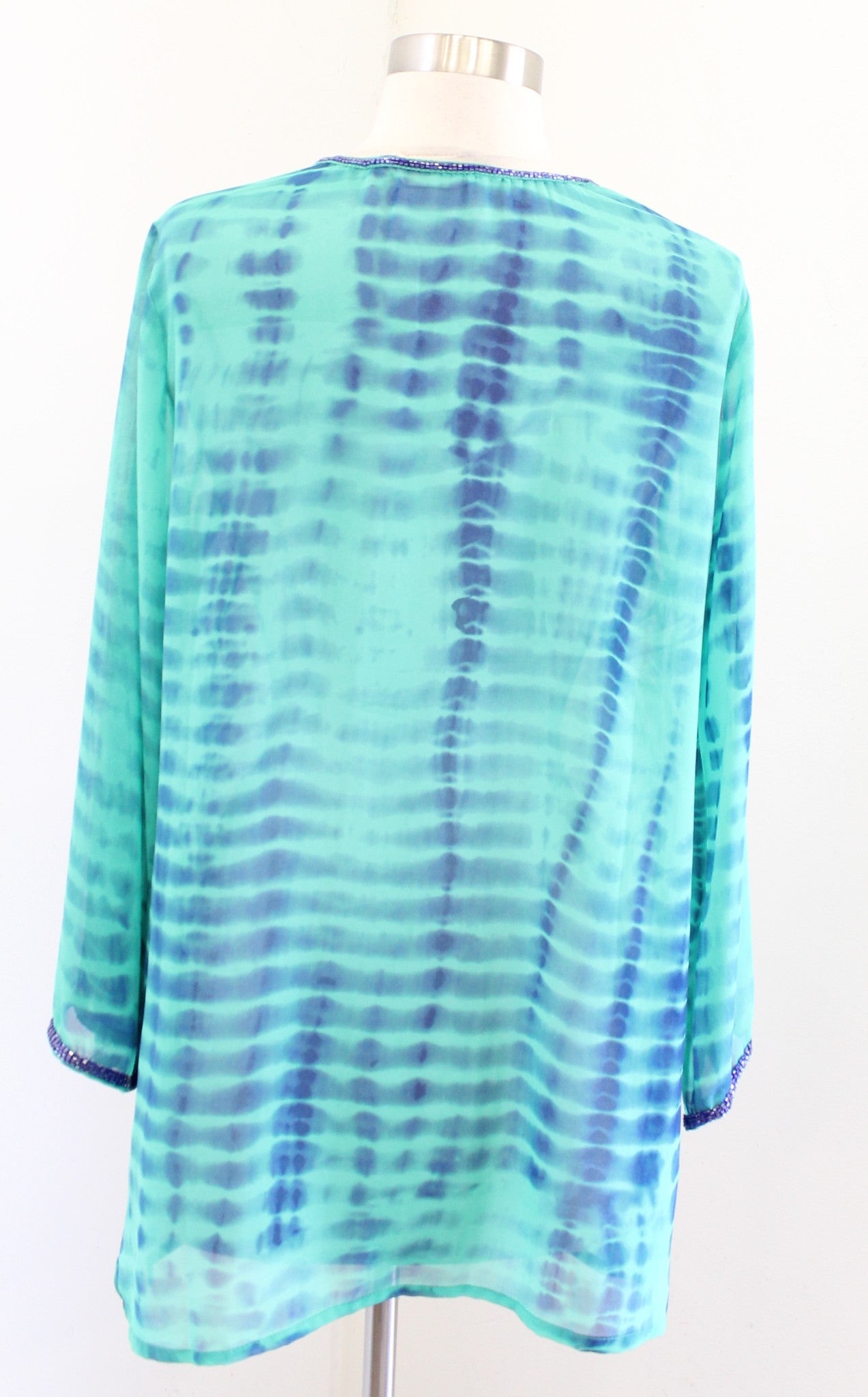 Soft Surroundings Blue Green Tie Dye Semi Sheer Sequin Embellished Tunic Top S