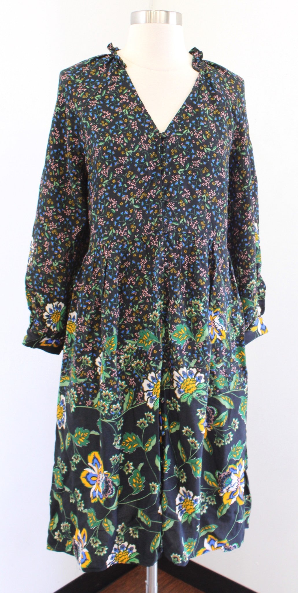 Maeve Anthropologie Dulcie Black Floral Midi Shirt Dress Size XSP PXS