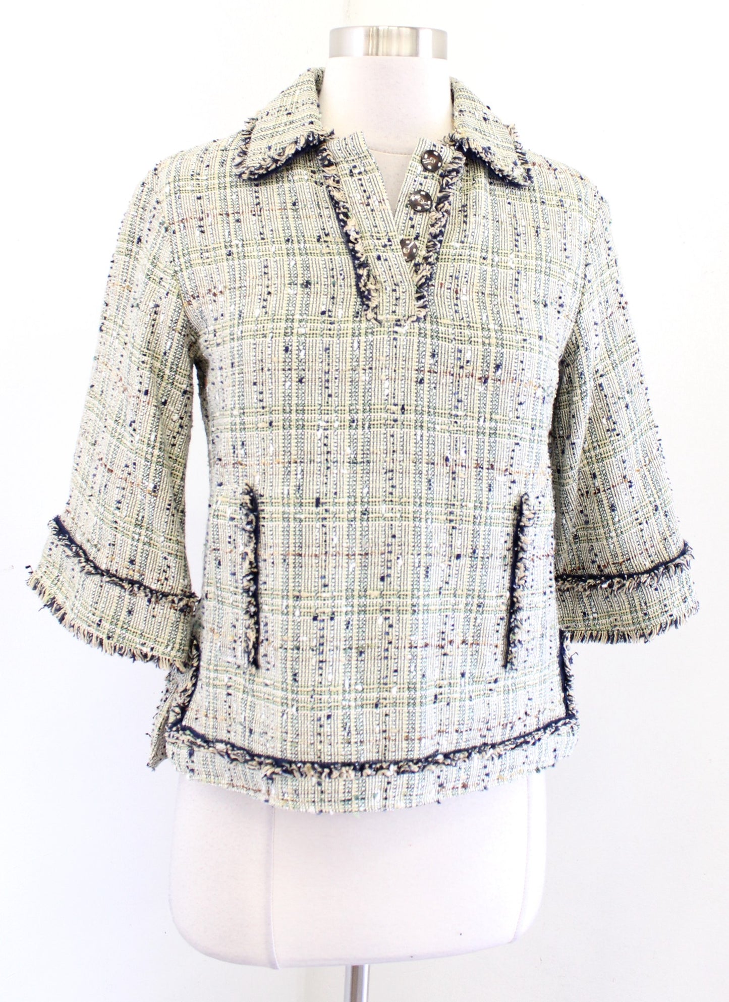 Brooks Brothers Green Multi Color Fringe Tweed Popover Top Blouse Size 2P Career
