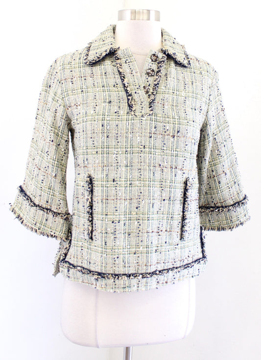 Brooks Brothers Green Multi Color Fringe Tweed Popover Top Blouse Size 2P Career