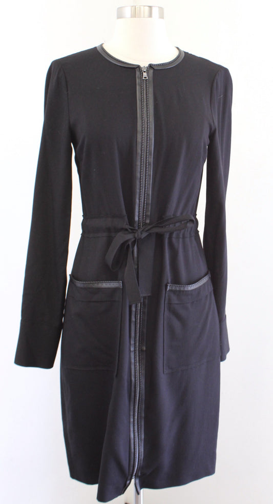 Elie Tahari Black Zip Front Drawstring Tie Waist Leather Trim Shirt Dress Size 2