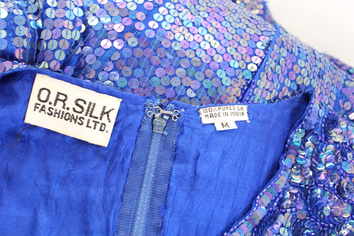 Vtg 80s Blue Iridescent Silk Beaded Sequin Dress Size M Cocktail Party Midi