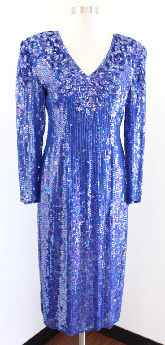 Vtg 80s Blue Iridescent Silk Beaded Sequin Dress Size M Cocktail Party Midi