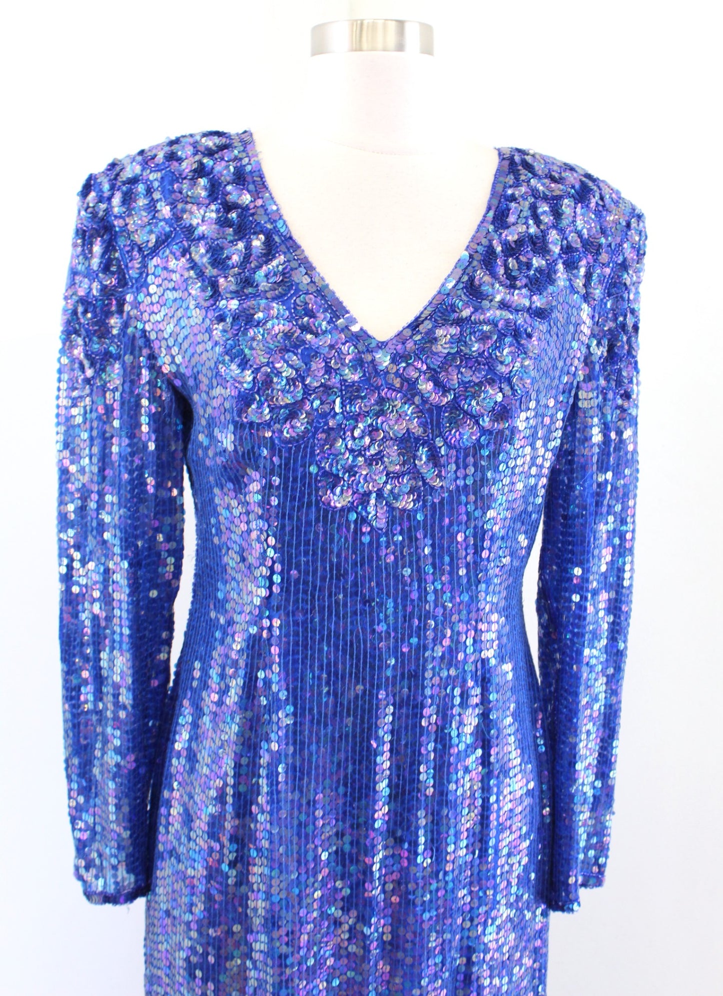 Vtg 80s Blue Iridescent Silk Beaded Sequin Dress Size M Cocktail Party Midi