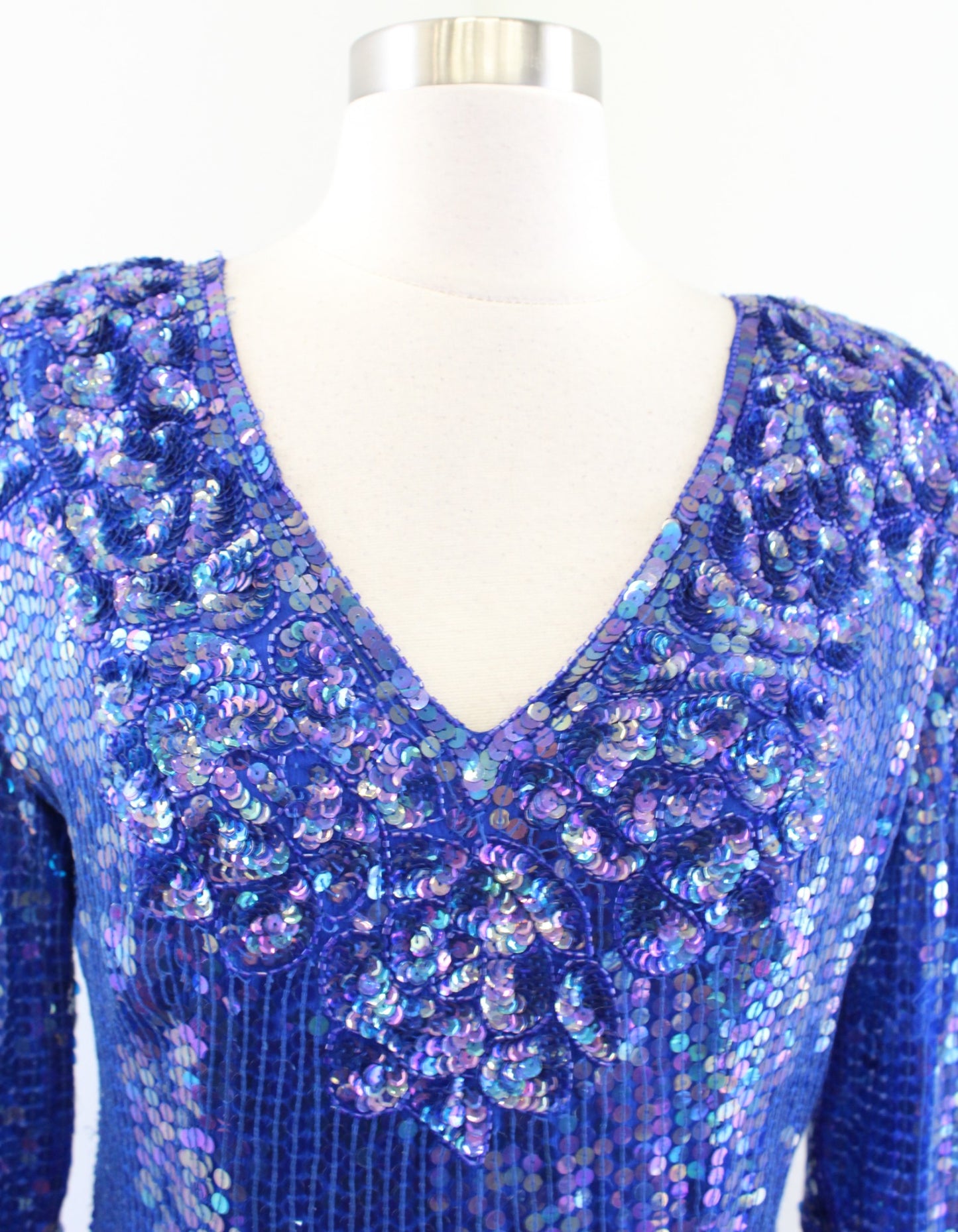 Vtg 80s Blue Iridescent Silk Beaded Sequin Dress Size M Cocktail Party Midi
