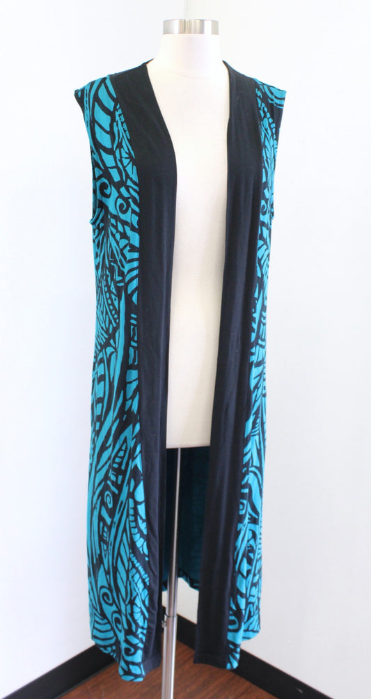 Soft Surroundings Serengeti Teal Blue Black Duster Cardigan Vest Size L Boho