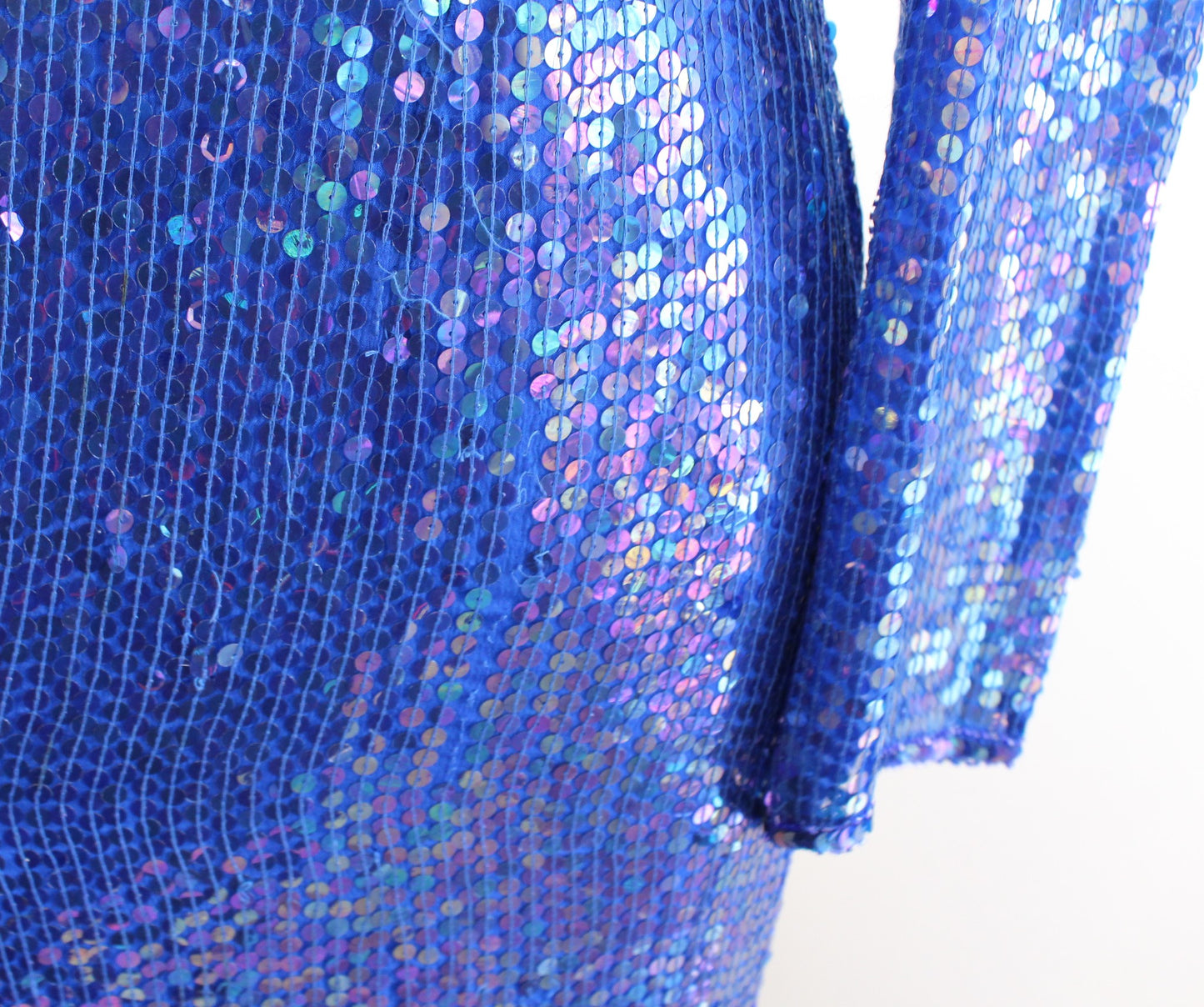 Vtg 80s Blue Iridescent Silk Beaded Sequin Dress Size M Cocktail Party Midi