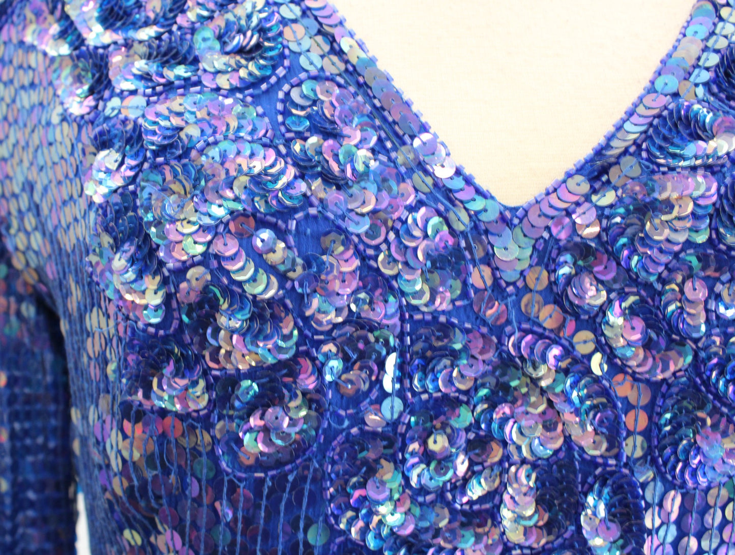 Vtg 80s Blue Iridescent Silk Beaded Sequin Dress Size M Cocktail Party Midi