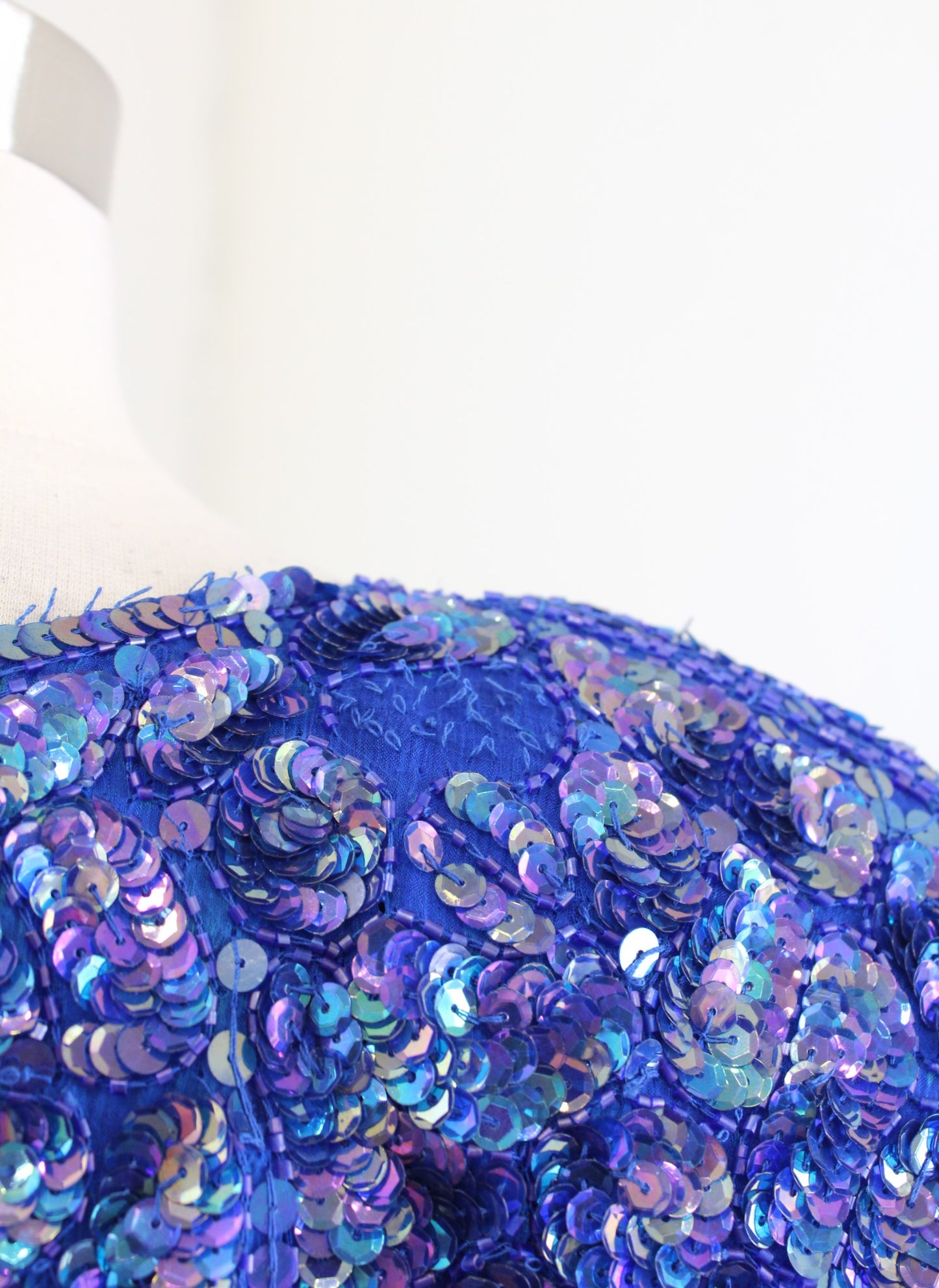 Vtg 80s Blue Iridescent Silk Beaded Sequin Dress Size M Cocktail Party Midi