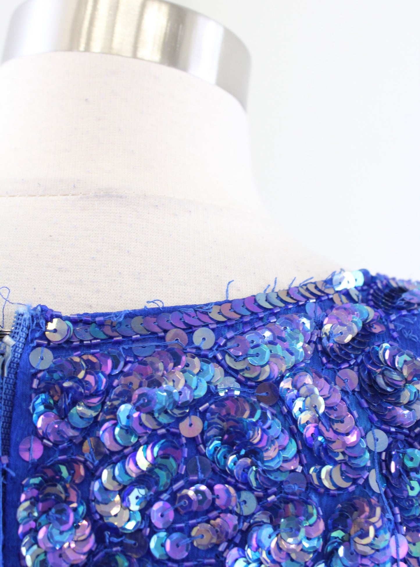 Vtg 80s Blue Iridescent Silk Beaded Sequin Dress Size M Cocktail Party Midi