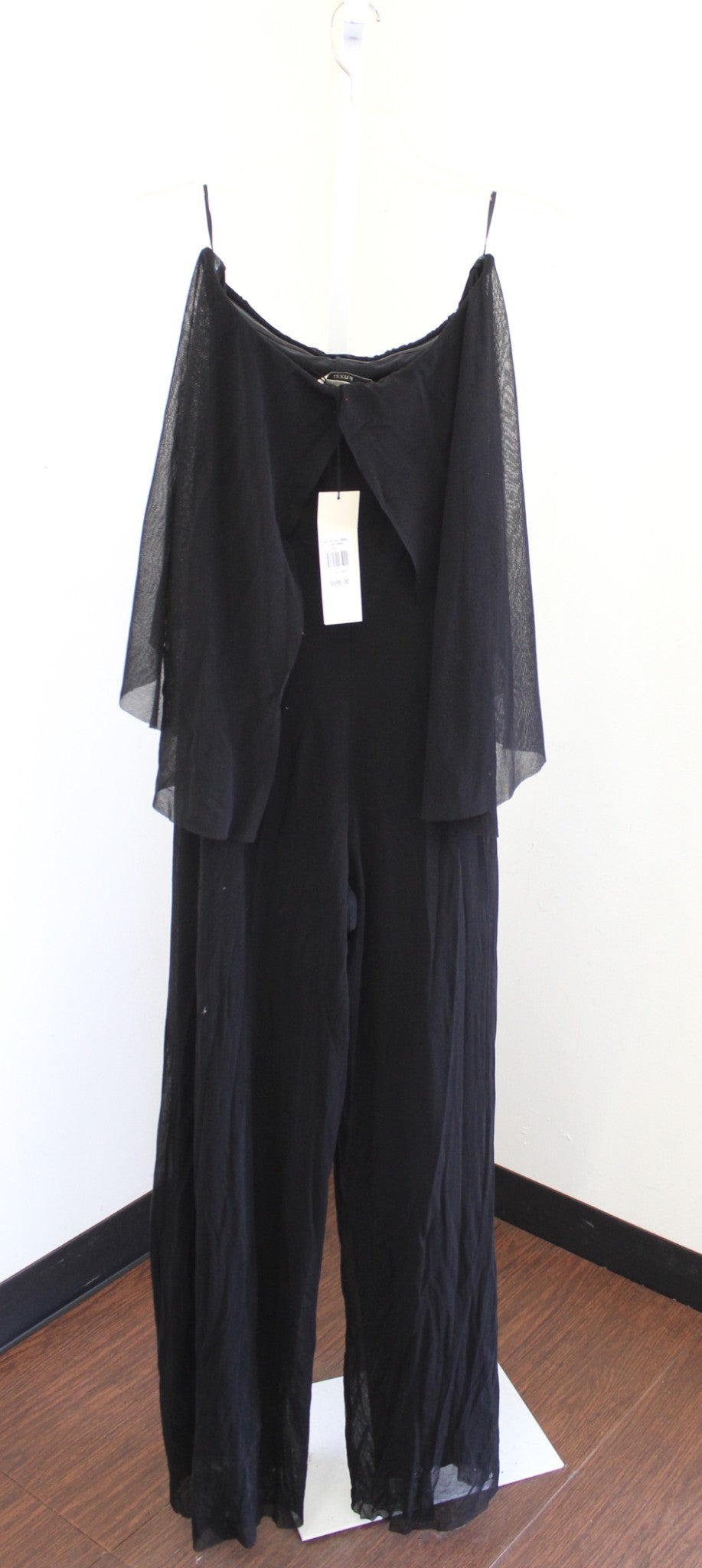 NWT $595 Fuzzi Italy Black Mesh Strapless Ruffle Wide Leg Jumpsuit Size XXL