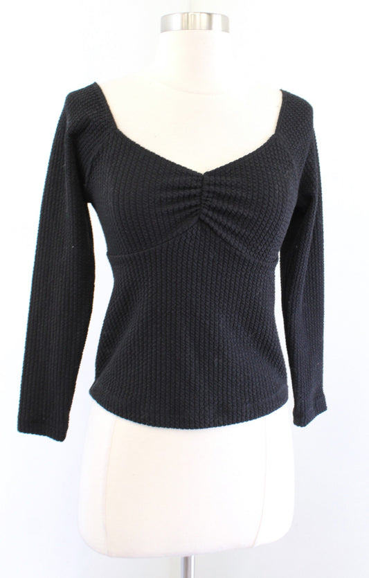 NWT Maeve Anthropologie Black Textured Knit V Neck Ruched Cropped Top Blouse XS