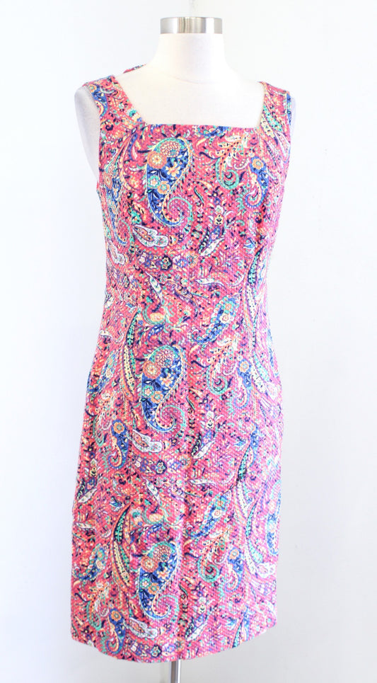 Talbots Pink Multi Color Textured Paisley Print Tie Back Sheath Dress Size 4