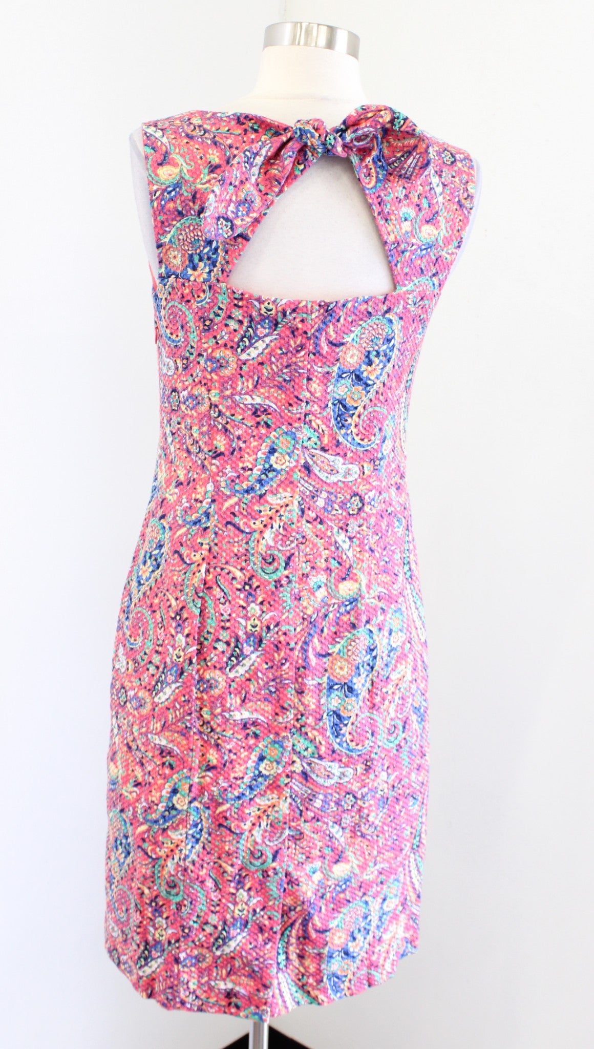 Talbots Pink Multi Color Textured Paisley Print Tie Back Sheath Dress Size 4