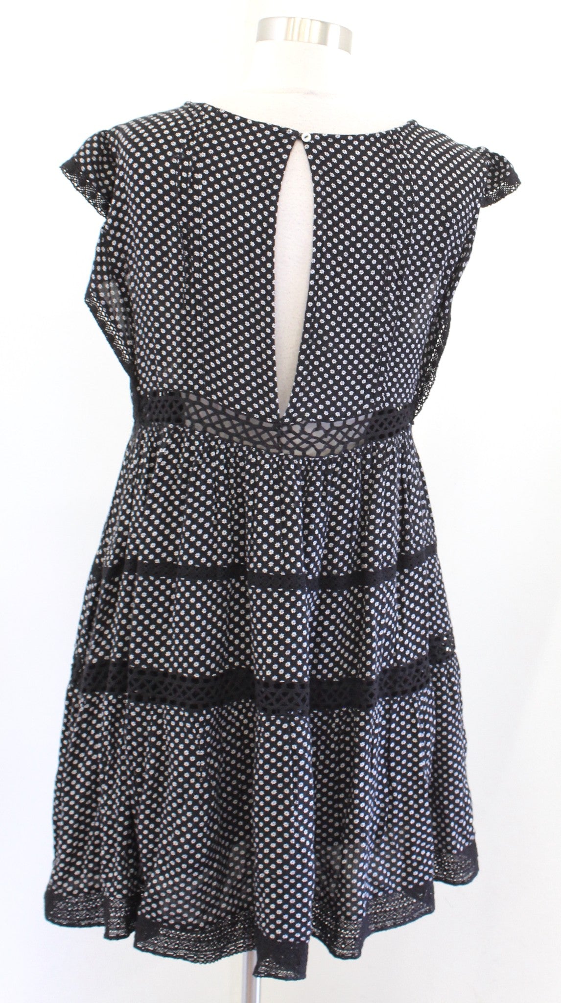Free People Retro Kitty Black White Crochet Cutout Mini Tunic Dress Floral Sz XS