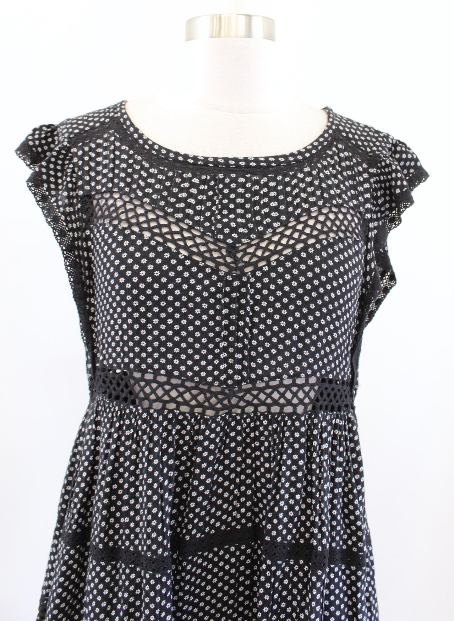 Free People Retro Kitty Black White Crochet Cutout Mini Tunic Dress Floral Sz XS