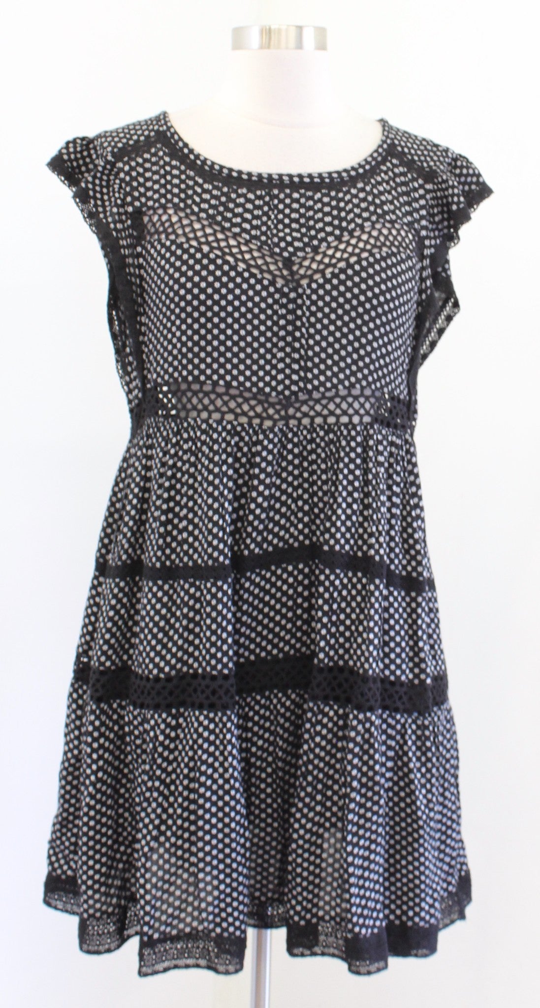 Free People Retro Kitty Black White Crochet Cutout Mini Tunic Dress Floral Sz XS