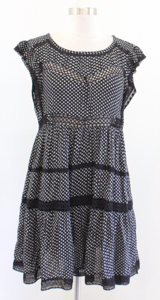 Free People Retro Kitty Black White Crochet Cutout Mini Tunic Dress Floral Sz XS