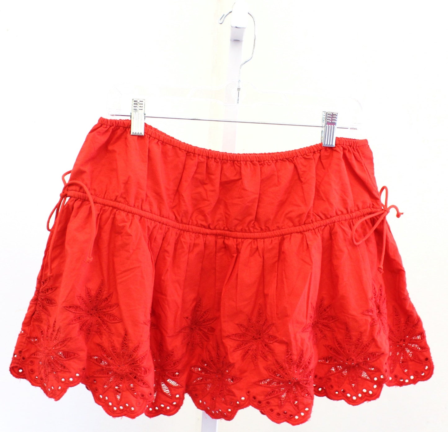 NWT Free People Wildest Dreams Embroidered Eyelet Mini Skirt Fiery Red Size L