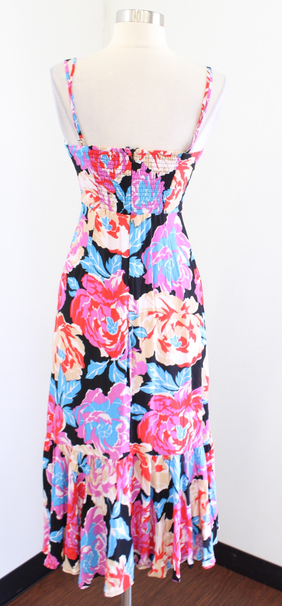 by Anthropologie Tina Floral Print Flounced Midi Dress Size 0 Black Blue Tea