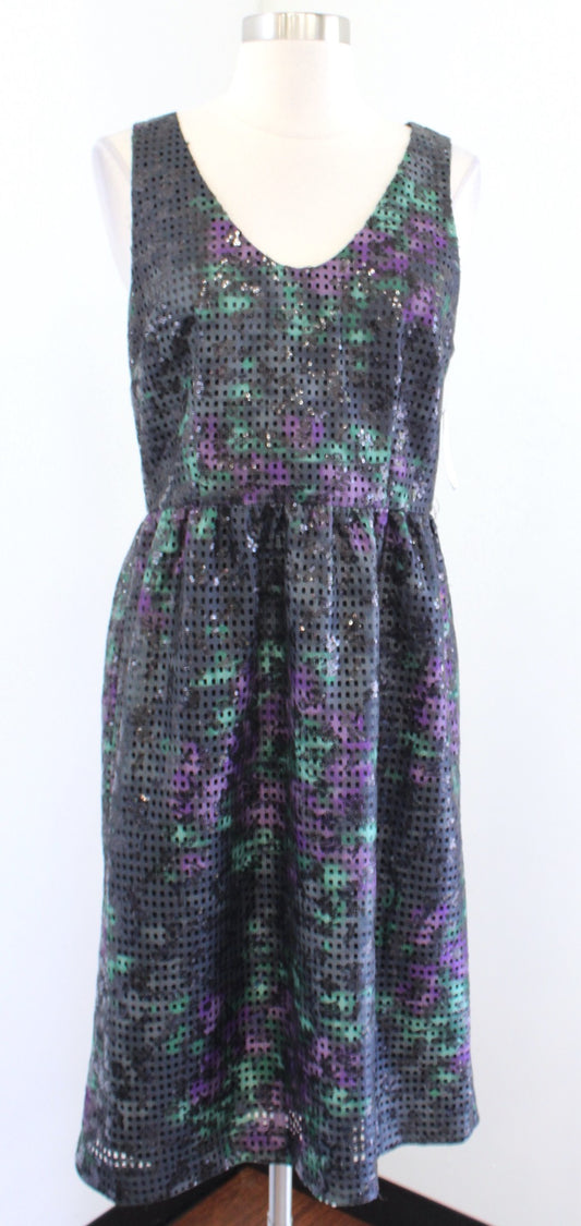 NWT Trina Turk Petunia Black Green Purple Eyelet Sequin Sheath Dress Size 6