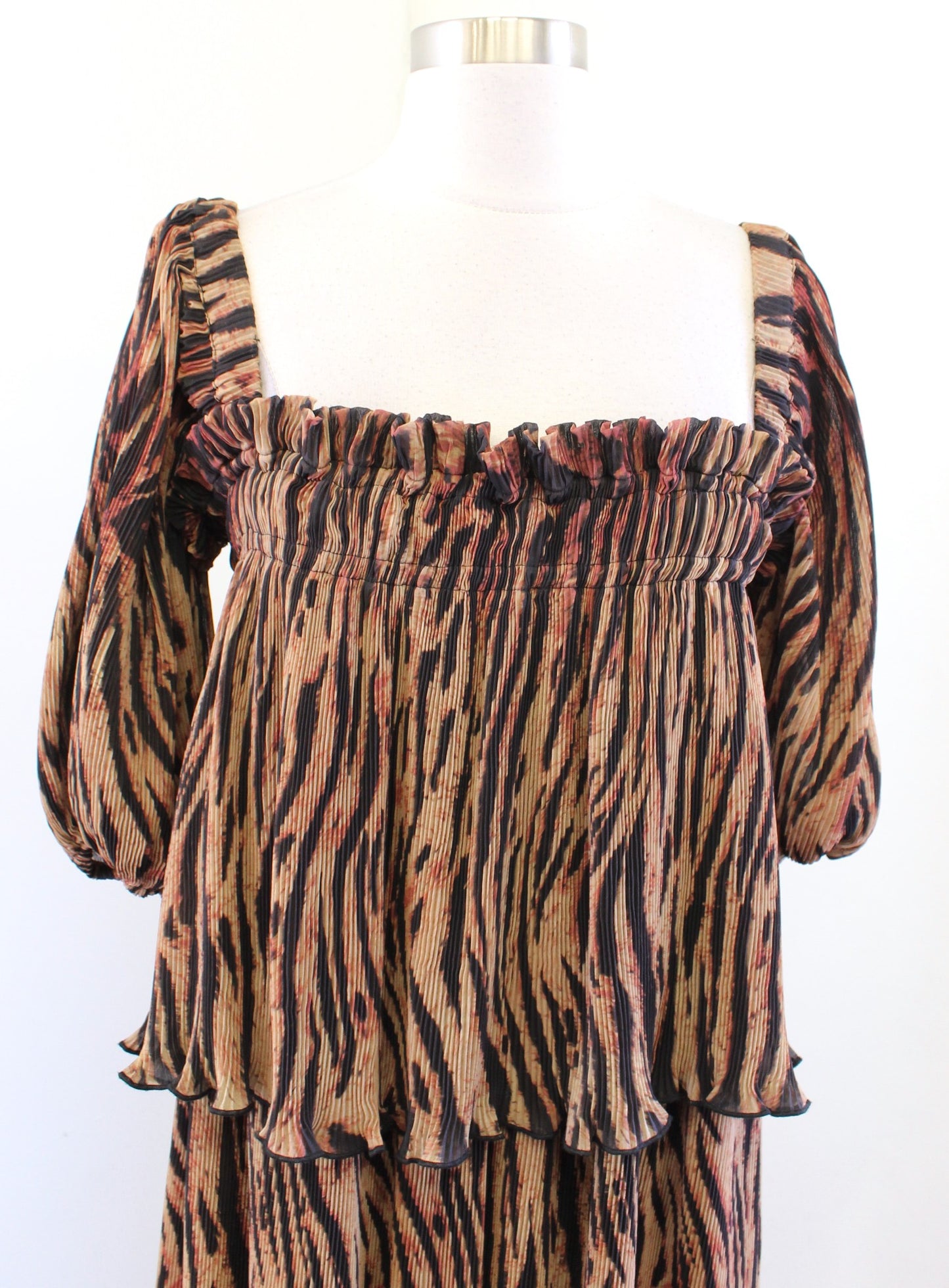 NWT Ganni Tigers Eye Animal Print Georgette Pleated Midi Puff Sleeve Dress 38