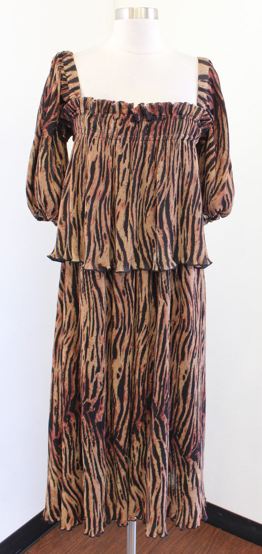 NWT Ganni Tigers Eye Animal Print Georgette Pleated Midi Puff Sleeve Dress 38