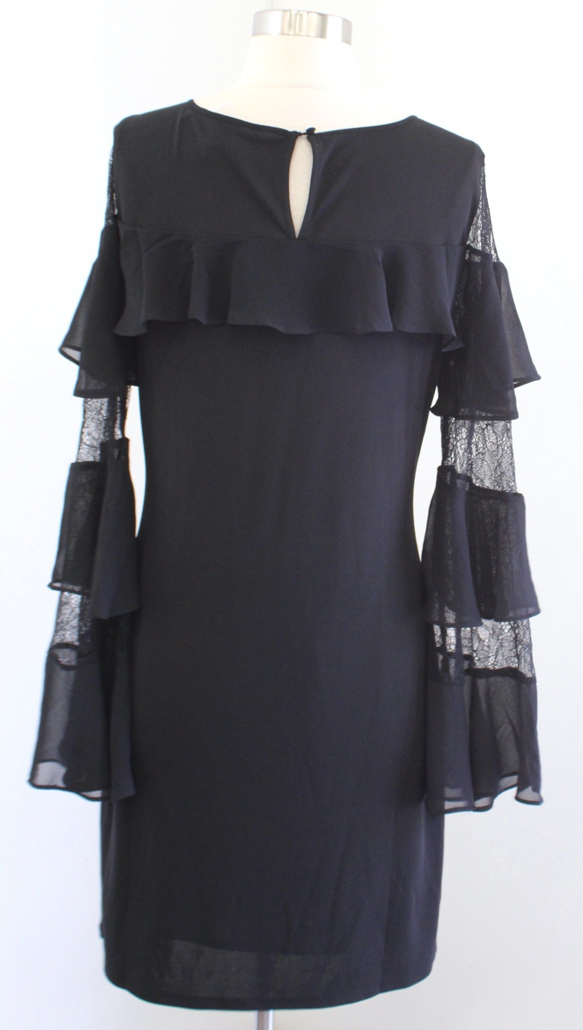 NWT White House Black Market Black Ruffle Lace Sleeve Shift Dress Size S