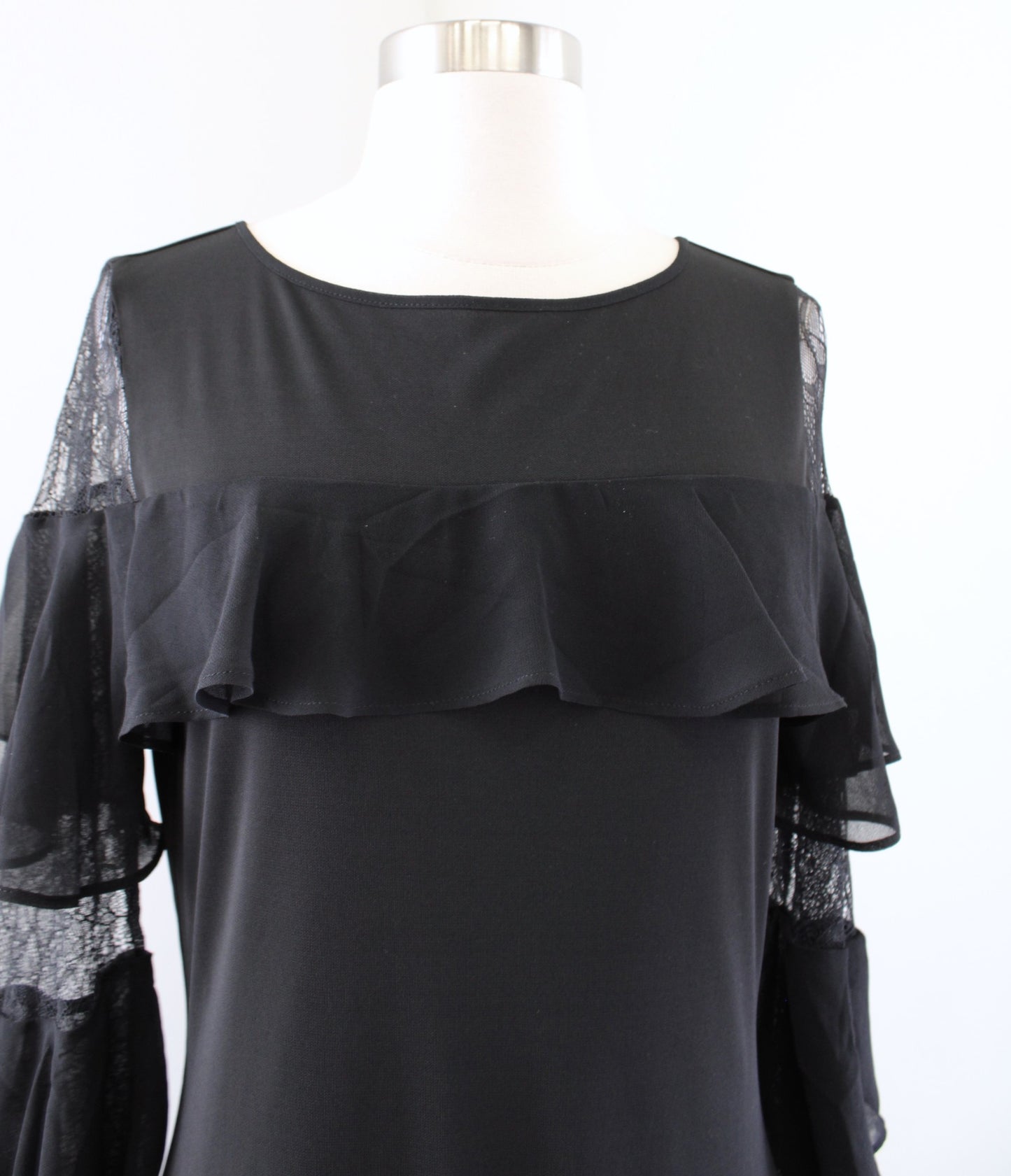 NWT White House Black Market Black Ruffle Lace Sleeve Shift Dress Size S