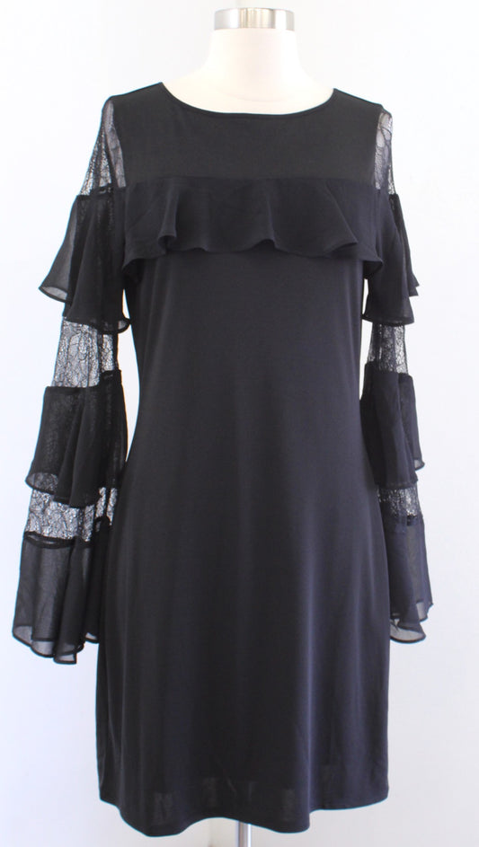 NWT White House Black Market Black Ruffle Lace Sleeve Shift Dress Size S