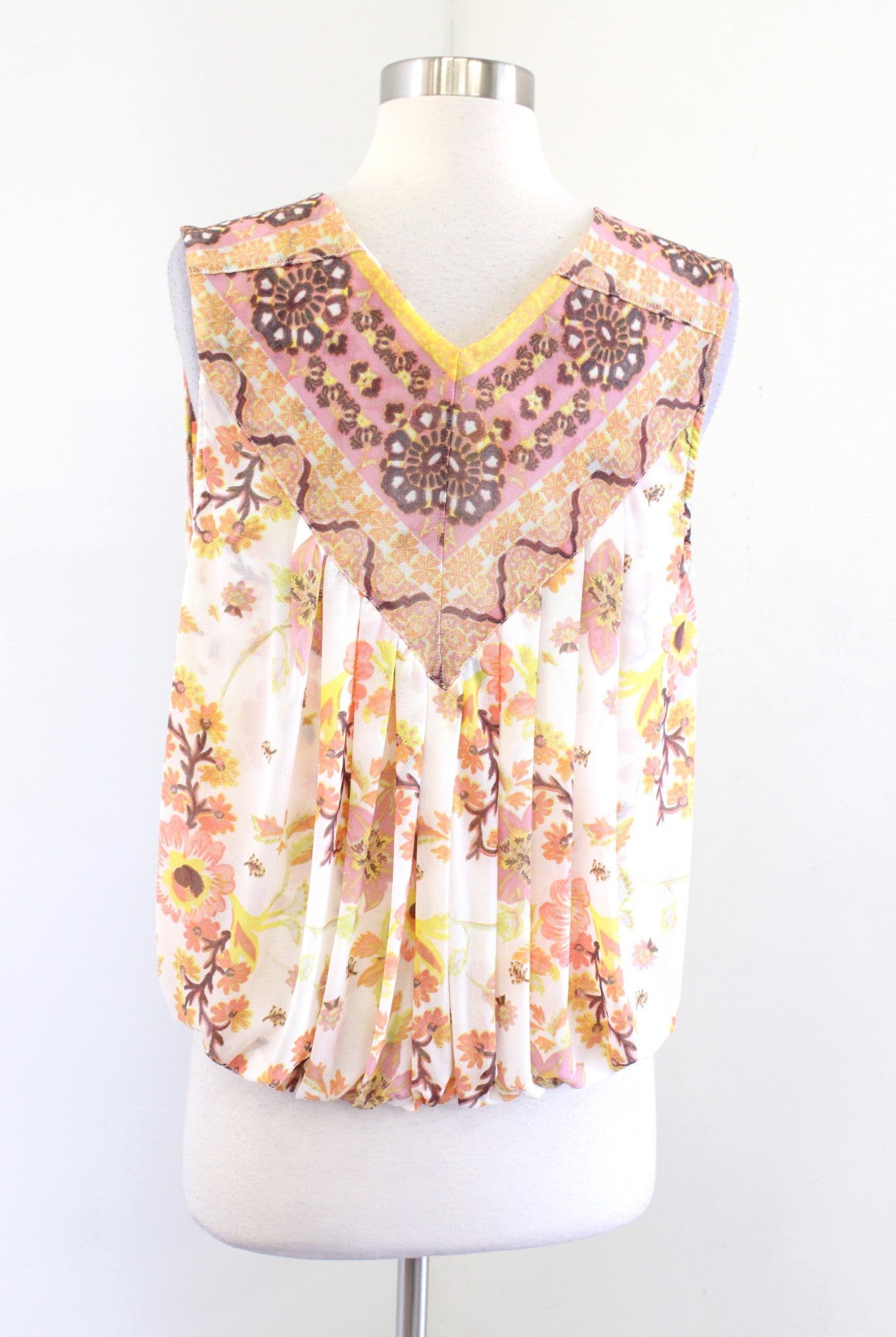Free People Mesh Floral Print Havana Muscle Tank Hi Lo Sz XS Draped White Yellow