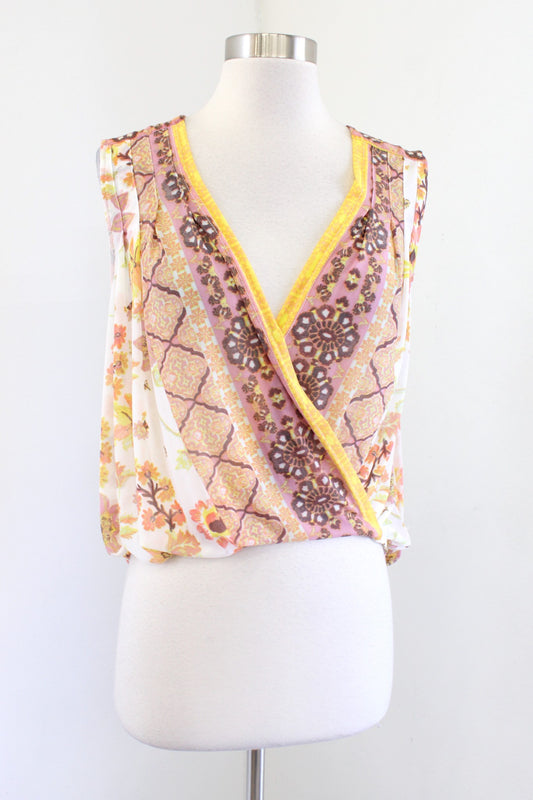 Free People Mesh Floral Print Havana Muscle Tank Hi Lo Sz XS Draped White Yellow