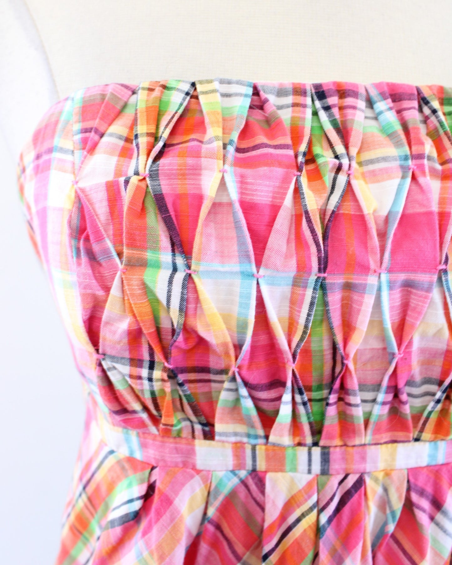 Vtg Lilly Pulitzer Strapless Pink Colorful Multi Color Plaid Dress Size 2 A Line