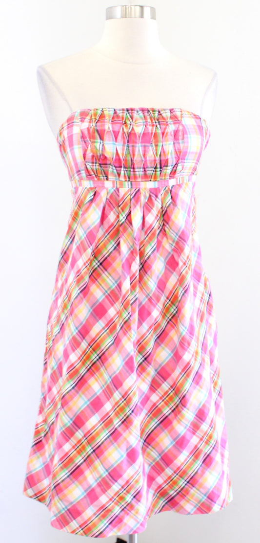 Vtg Lilly Pulitzer Strapless Pink Colorful Multi Color Plaid Dress Size 2 A Line