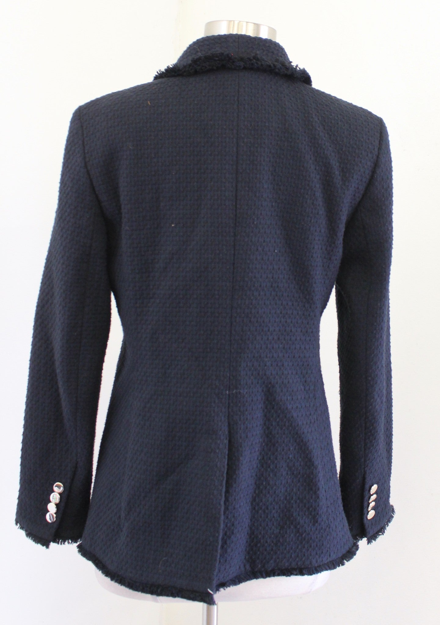 Ann Taylor Navy Blue Black Tweed Fringe Double Breasted Blazer Jacket Size 6