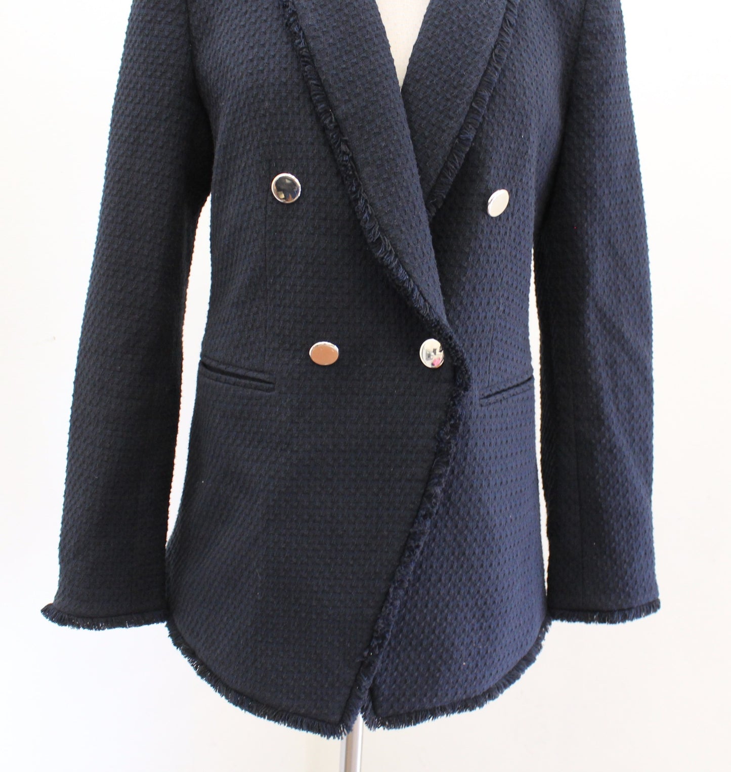 Ann Taylor Navy Blue Black Tweed Fringe Double Breasted Blazer Jacket Size 6