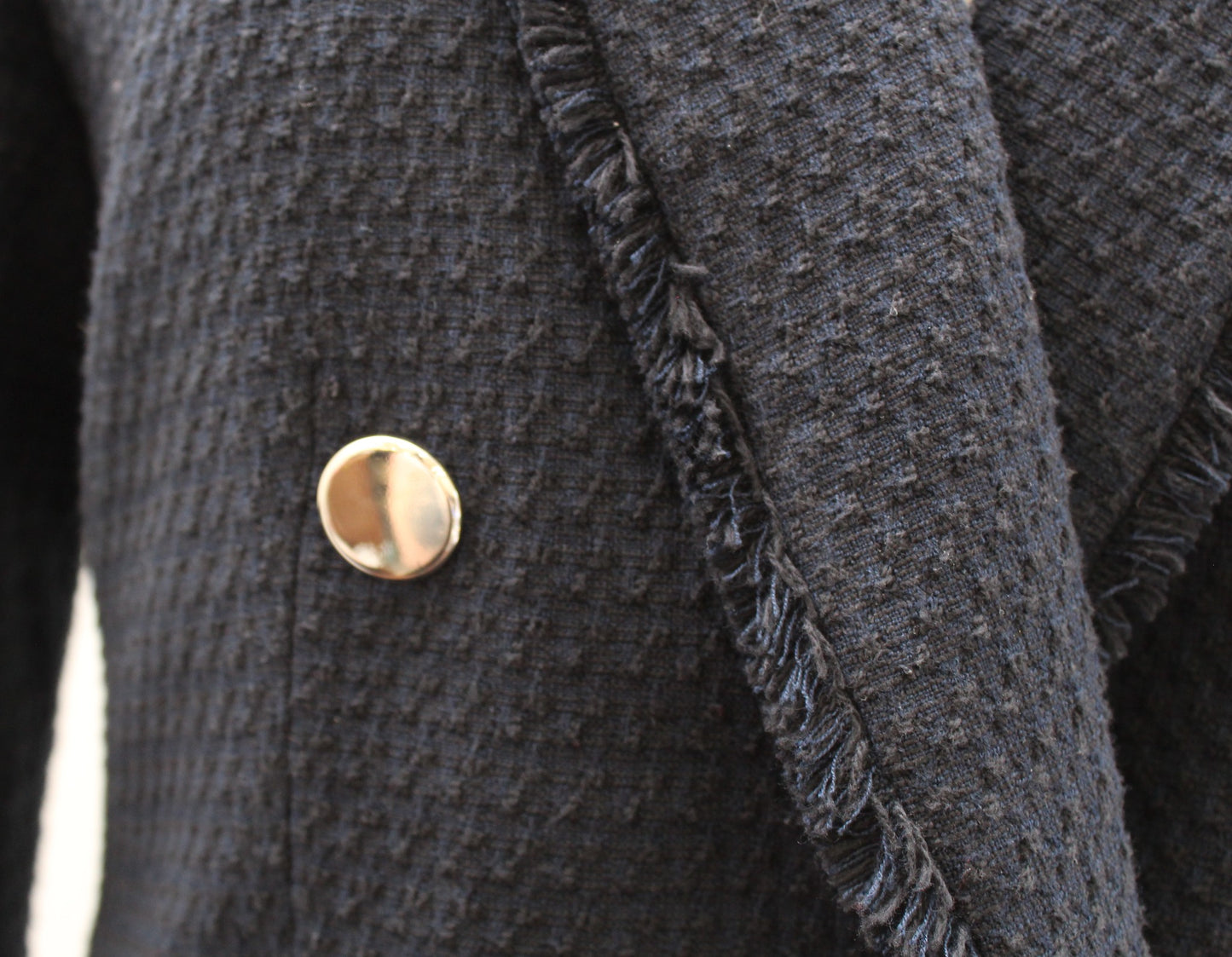 Ann Taylor Navy Blue Black Tweed Fringe Double Breasted Blazer Jacket Size 6