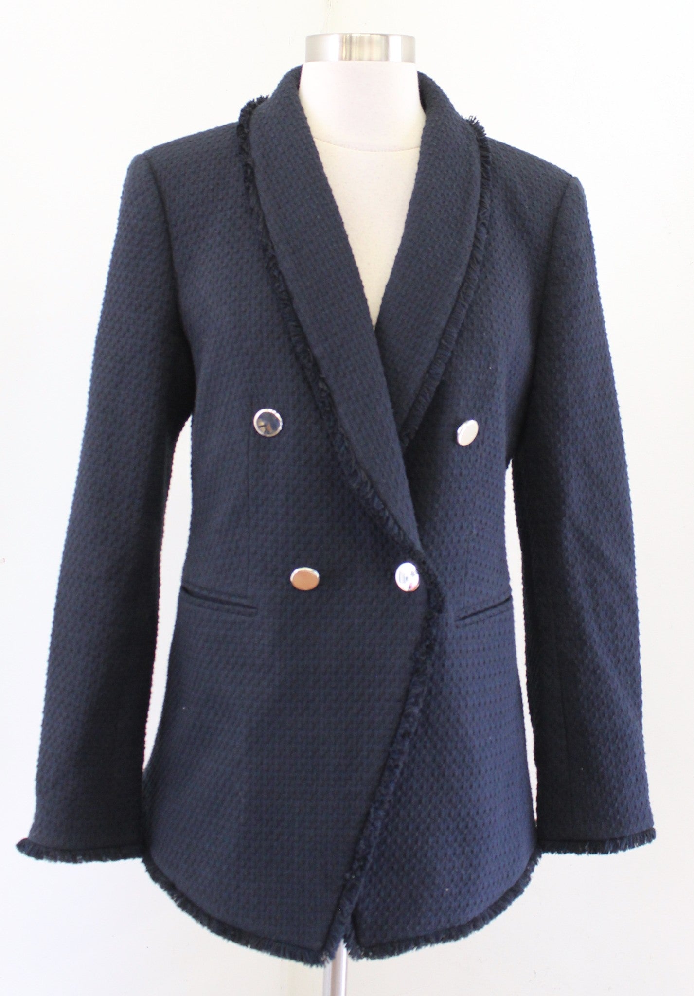 Ann Taylor Navy Blue Black Tweed Fringe Double Breasted Blazer Jacket Size 6