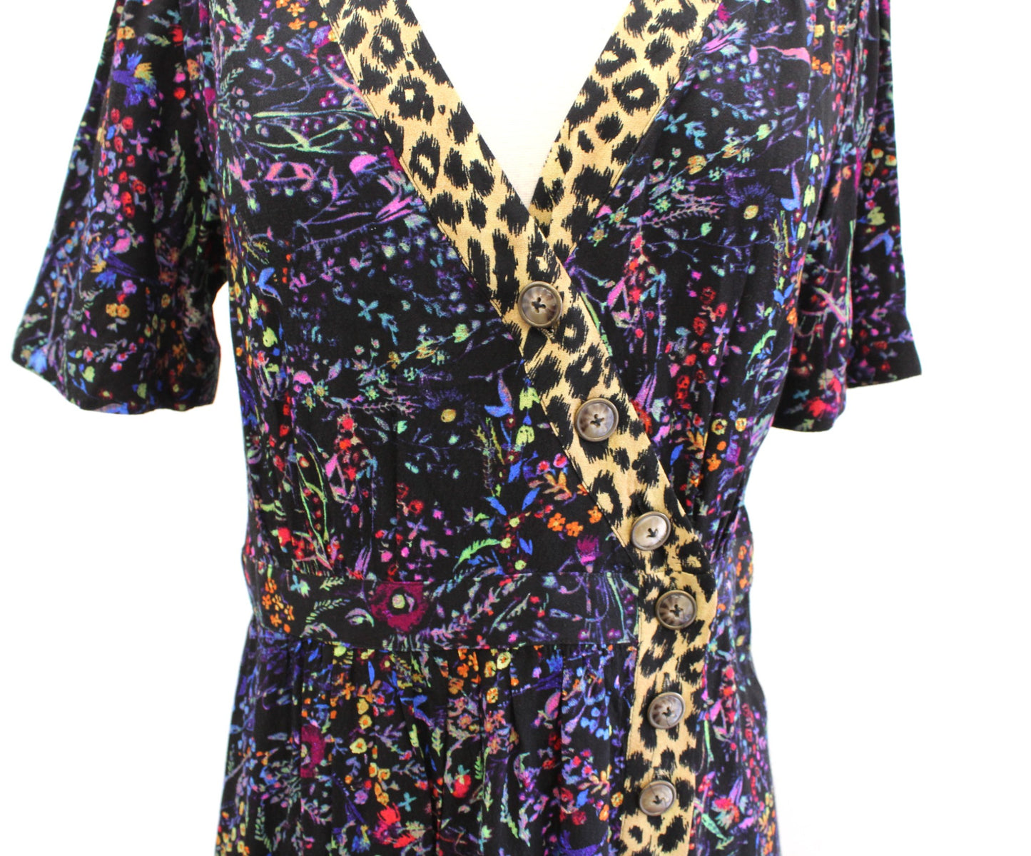 Maeve Anthropologie Morgan Black Floral Animal Print Faux Wrap Dress 6 Leopard