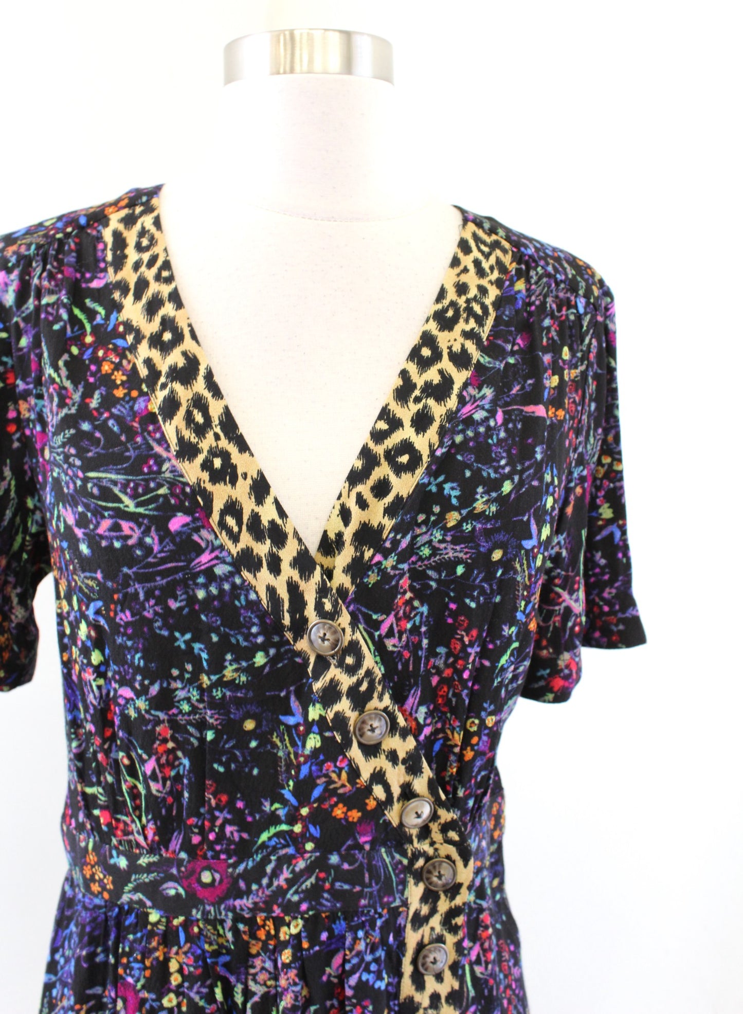 Maeve Anthropologie Morgan Black Floral Animal Print Faux Wrap Dress 6 Leopard