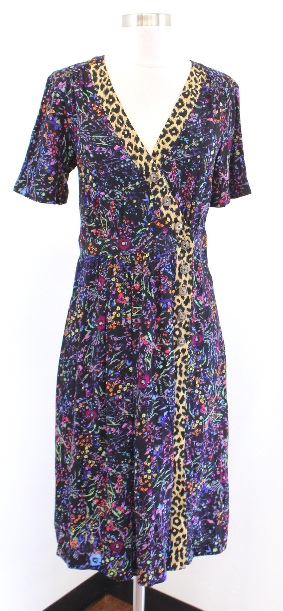 Maeve Anthropologie Morgan Black Floral Animal Print Faux Wrap Dress 6 Leopard