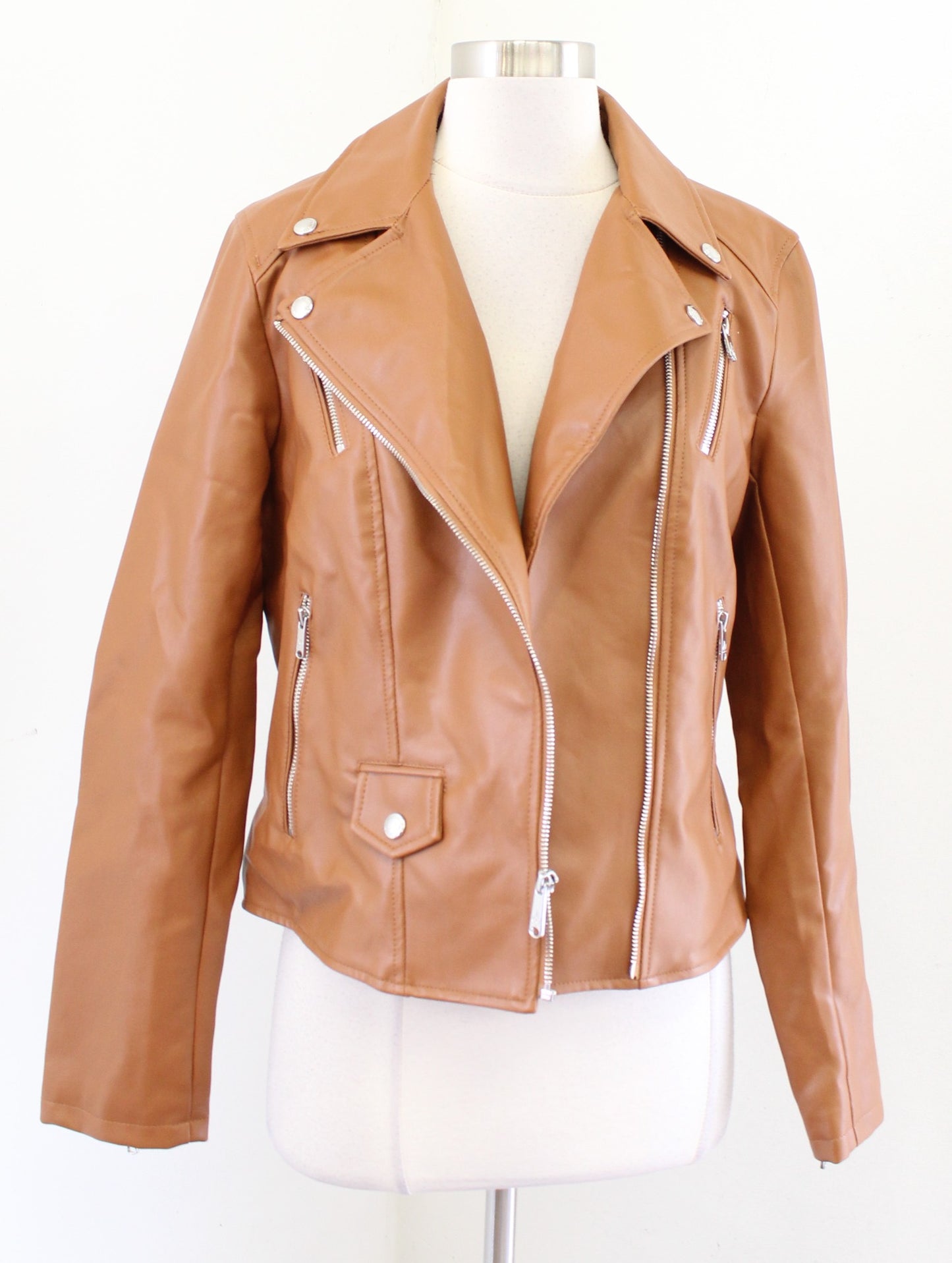 Sam Edelman Caramel Brown Faux Leather Vegan Moto Jacket Size M Zip Front
