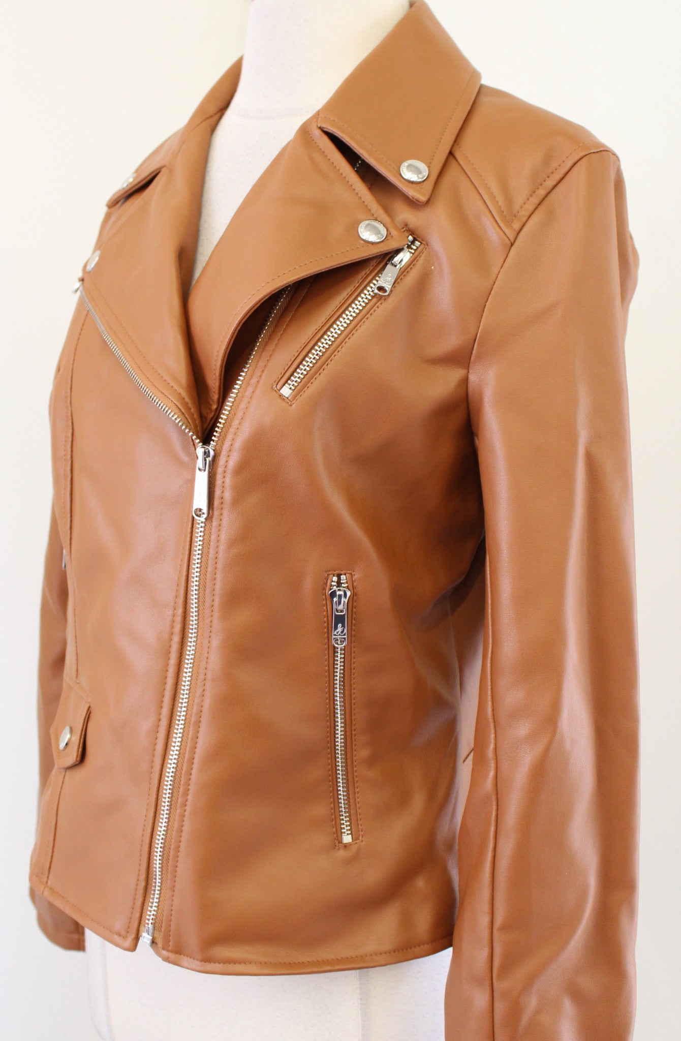 Sam Edelman Caramel Brown Faux Leather Vegan Moto Jacket Size M Zip Front