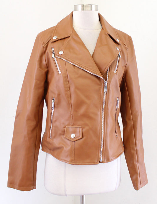 Sam Edelman Caramel Brown Faux Leather Vegan Moto Jacket Size M Zip Front