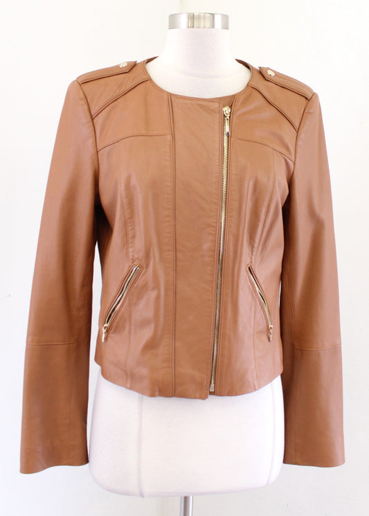 White House Black Market Caramel Brown Genuine Leather Zip Front Moto Jacket M