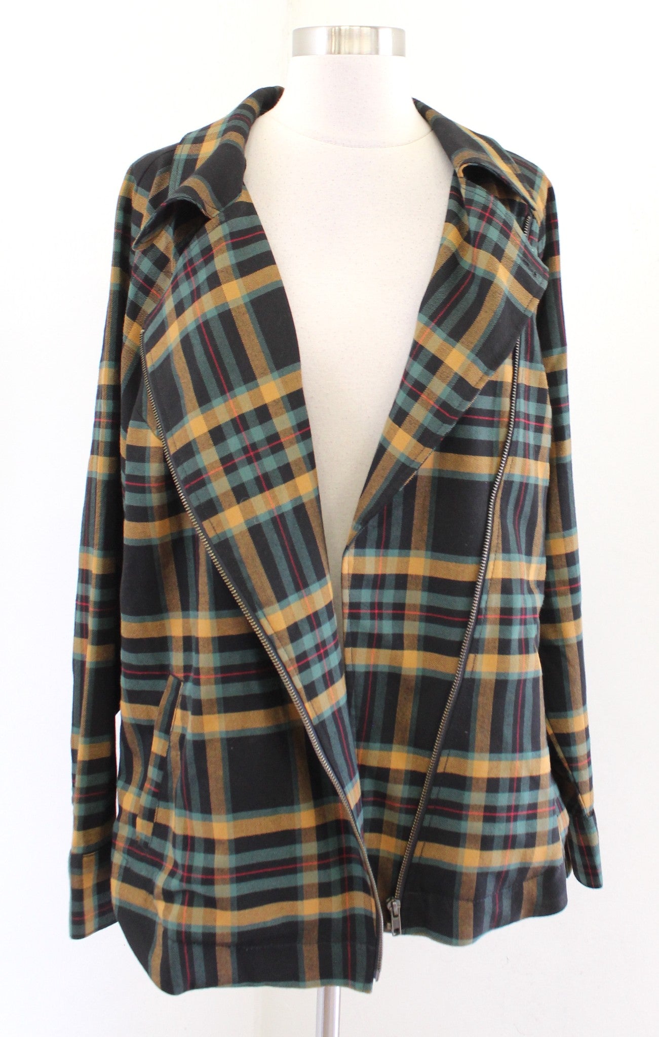 CAbi Black Green Zip Front Fall Plaid Moto Jacket Size XL Style 4401