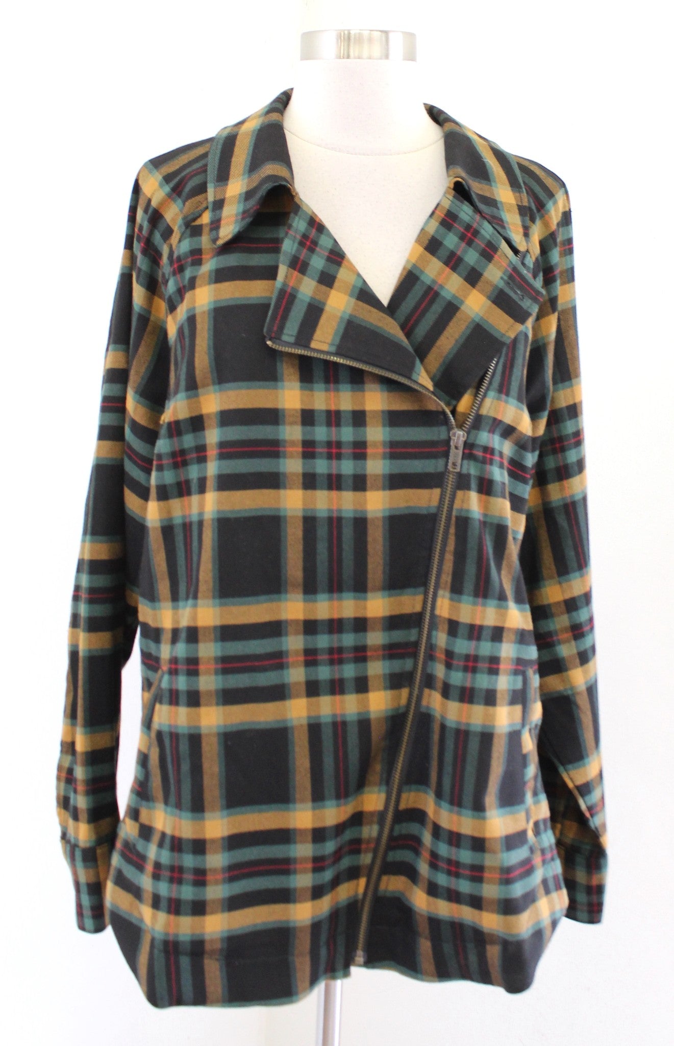 CAbi Black Green Zip Front Fall Plaid Moto Jacket Size XL Style 4401