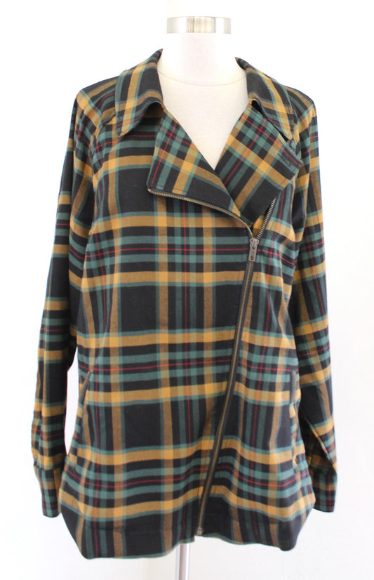 CAbi Black Green Zip Front Fall Plaid Moto Jacket Size XL Style 4401