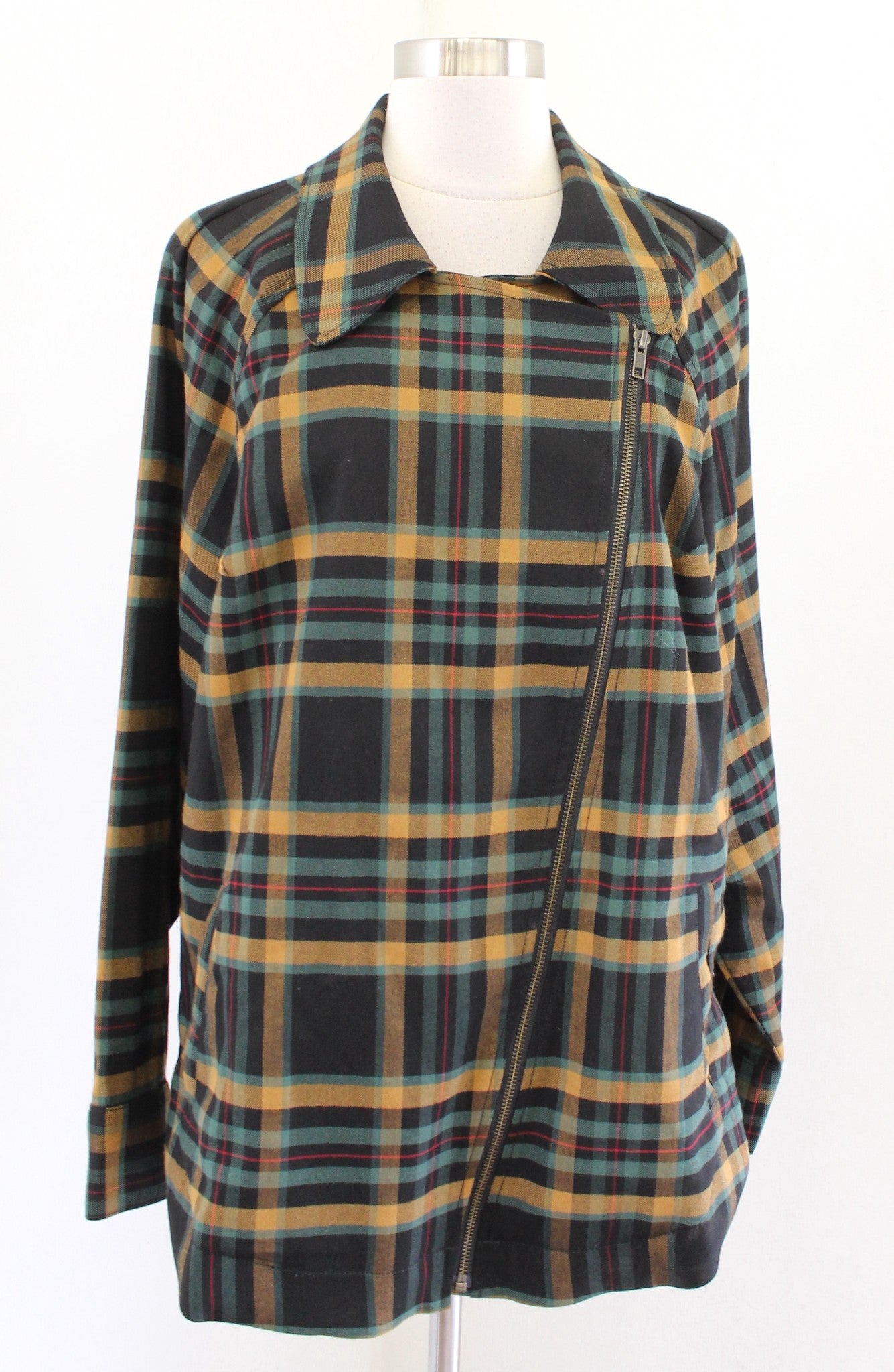 CAbi Black Green Zip Front Fall Plaid Moto Jacket Size XL Style 4401