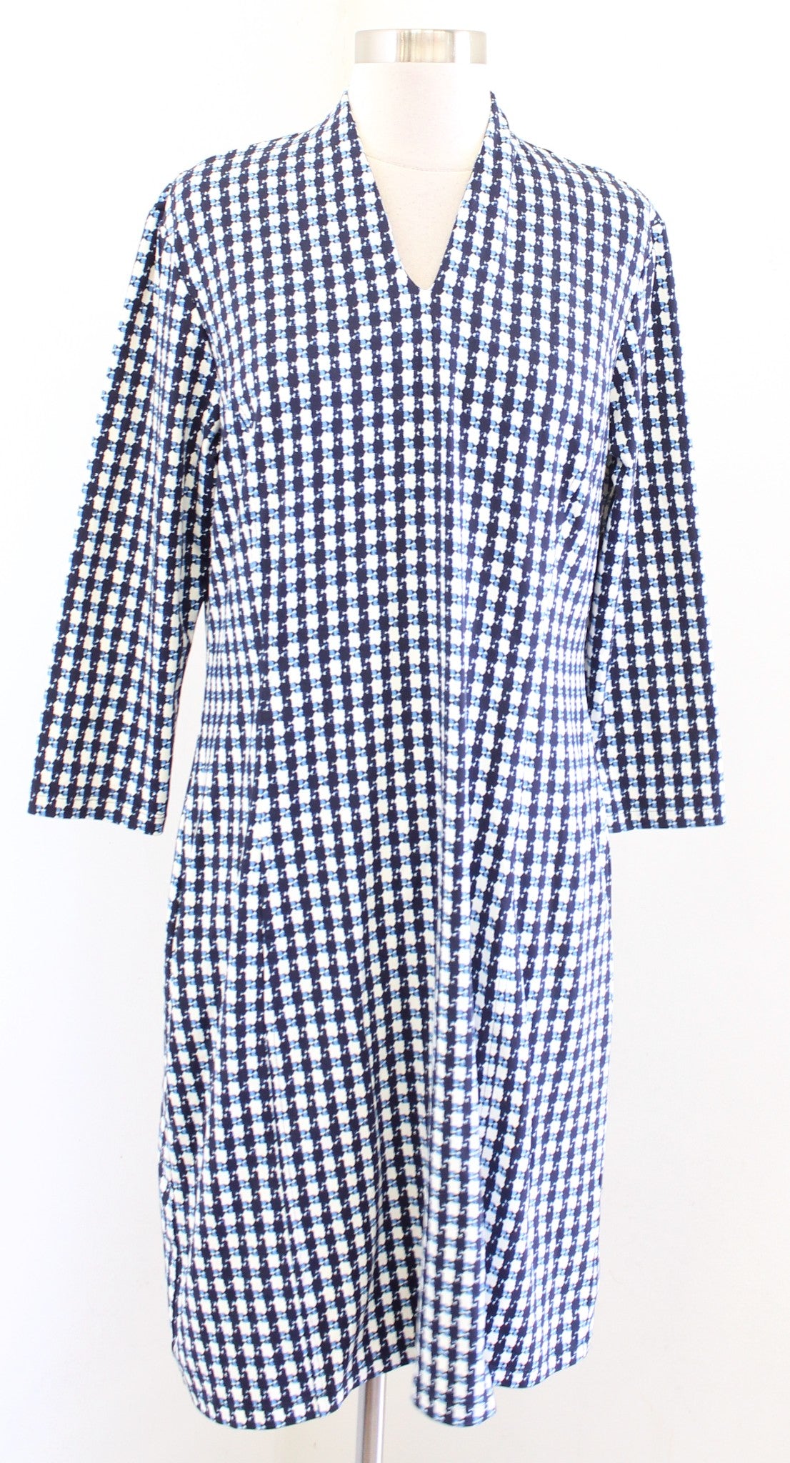 J McLaughlin Blue Geometric Catalina Cloth High V Neck 3/4 Sleeve Dress Size L